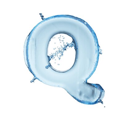 Q harfi mavi su sıçrama alfabesi beyaz arka planda izole edilmiş. 3B resimleme.