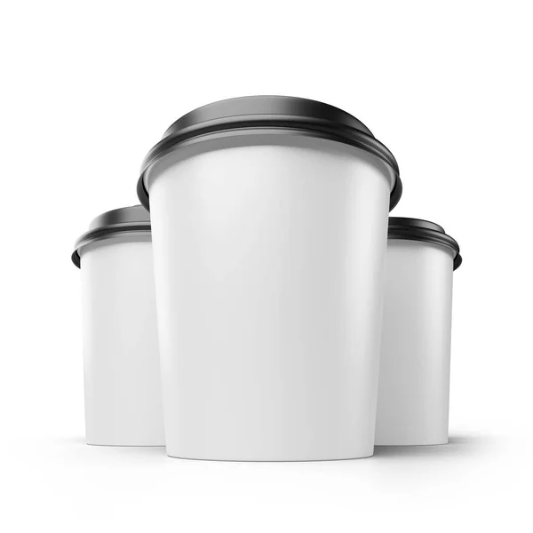 Tre Hvite Kaffekopper Espressopapir Til Engangsbruk Med Sorte Plastlokk Isolert – stockfoto