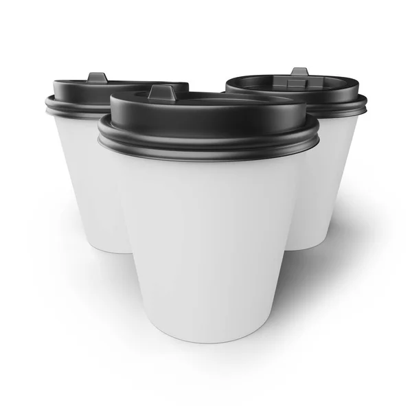 Drie Witte Wegwerp Espresso Koffie Papieren Bekers Met Zwarte Plastic — Stockfoto