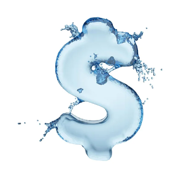 Dollar Sign Blue Water Splash Alphabet Isolated White Background Rendering — Stock Photo, Image