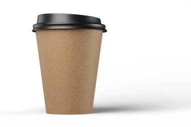 330 ml boş tek kullanımlık kahverengi kraft kağıt kahve fincanı beyaz arka planda izole edilmiş, 3D oluşturma taklit.