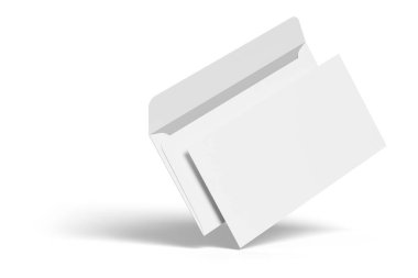 Beyaz arka planda izole edilmiş beyaz posta zarfları. Model tasarım sunumu. 3B resimleme