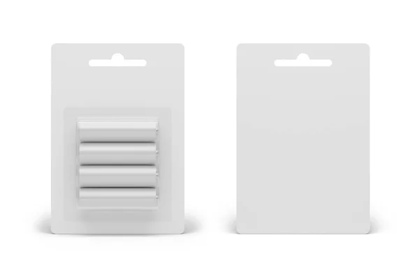 4つの空白の使い捨てアルカリAa電池パックは白い背景に隔離されています 3Dレンダリングモックアップイラスト — ストック写真