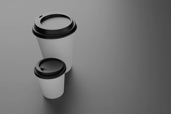 Two Blank White Disposable Coffee Paper Cups Black Plastic Lids — Stock Photo, Image