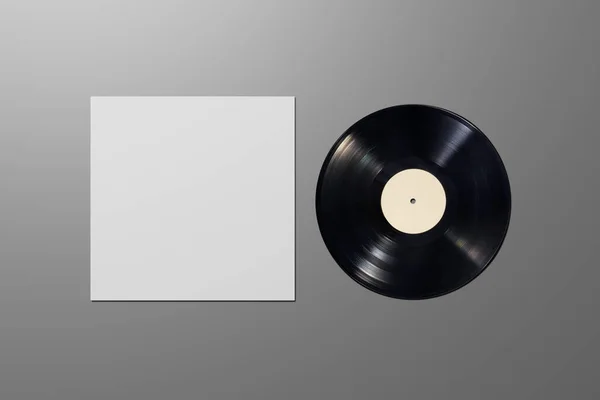 Vinyle Disque Avec Couvercle Carton Blanc Sur Fond Gris Modèle — Photo