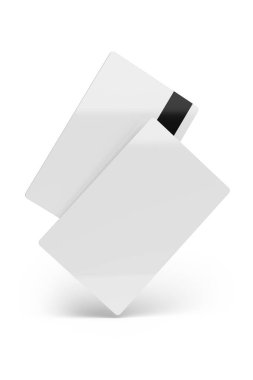 Beyaz arka planda izole edilmiş beyaz plastik kartlar. Bilet, indirim, iş, kredi kartı. 3B hazırlama şablonu modellemesi.