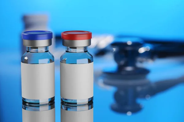 Viales Vidrio Vacuna Con Etiqueta Blanco Sobre Fondo Azul Ilustración — Foto de Stock