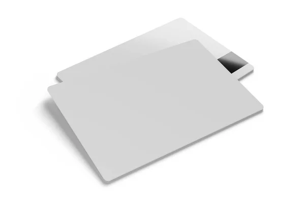 白い背景に隔離された白いプラスチックカード チケット ビジネス クレジットカード 3Dレンダリングテンプレート Mokup — ストック写真