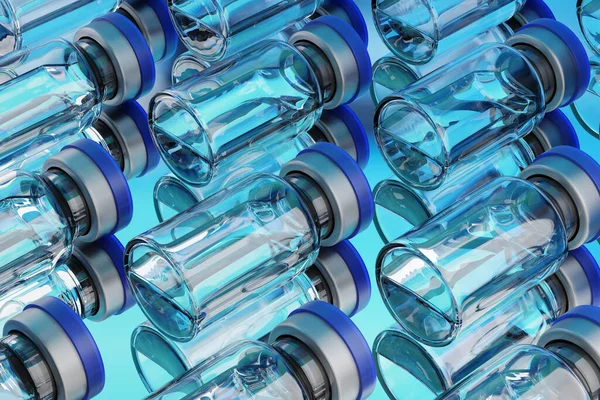 Massor Vaccinflaskor Glas Arrangerade Rader Blå Bakgrund Renderingsillustration — Stockfoto