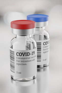 Gri arka planda COVID-19 aşı şişeleri var. Aşı konsepti. 3d resimleme.