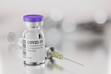 COVID-19 aşı şişesi ve gri arka planda enjeksiyon için tek kullanımlık şırınga. Aşı konsepti. 3d resimleme.