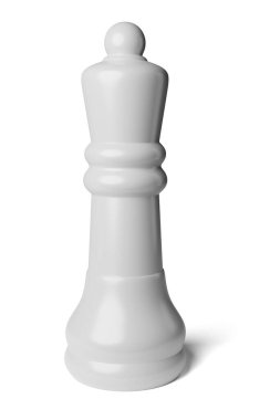 Beyaz arka planda beyaz satranç kraliçesi taşı. 3B resimleme.