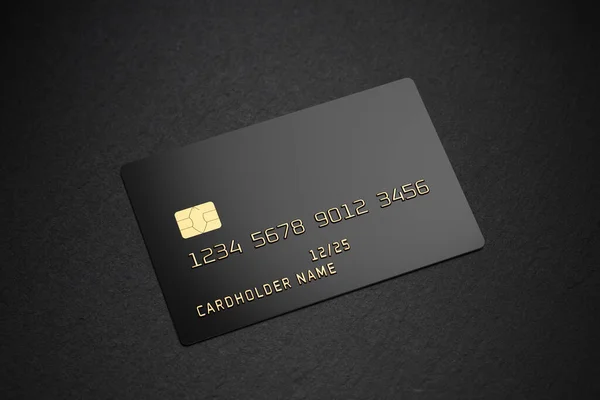 Black plastic card with chip on black slate background. 3D rendering template mockup.