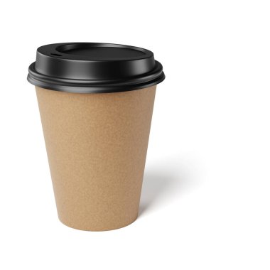 330 ml boş tek kullanımlık kahverengi kraft kağıt kahve fincanı beyaz arka planda izole edilmiş, 3D oluşturma taklit.
