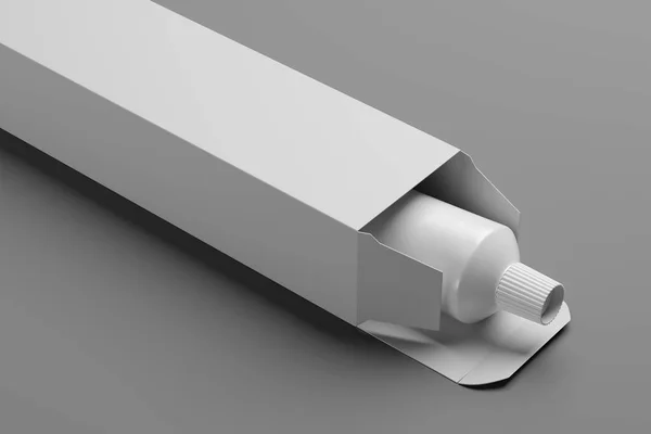 Tubo Cosmetico Bianco Vuoto Nella Scatola Sfondo Grigio Illustrazione Rendering — Foto Stock