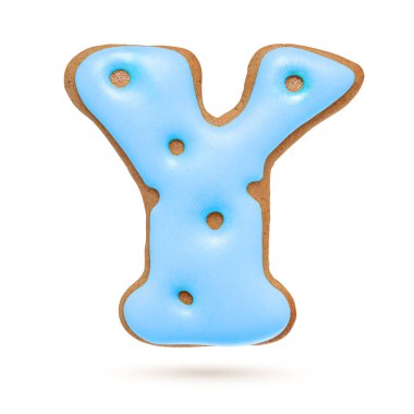 Büyük harf Y Beyaz arka planda izole edilmiş mavi zencefilli bisküvi. Noel süslemesi