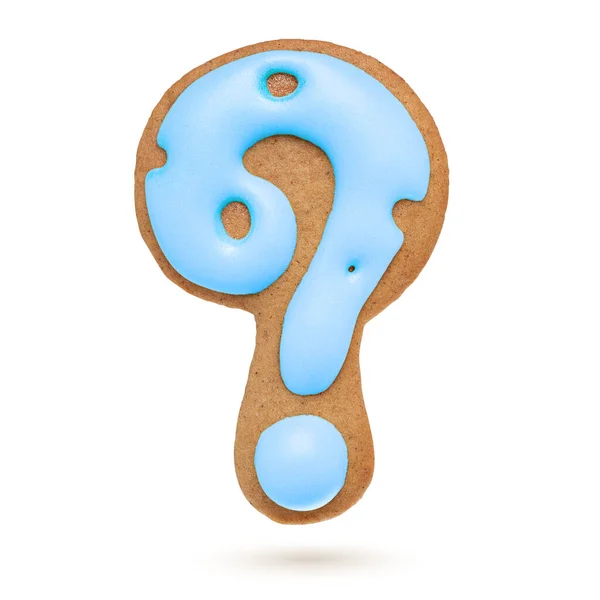 Ponto Interrogação Biscoito Gengibre Azul Isolado Fundo Branco Decoração Natal — Fotografia de Stock