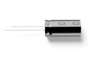 Beyaz zemin üzerinde siyah alüminyum elektrolitik kondansatör izole edildi. 3B resimleme.