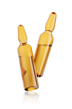 Beyaz arka planda izole edilmiş iki kahverengi cam ampul ilaç. 3d resimleme.