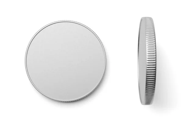 Nové Prázdné Stříbrné Mince Izolované Bílém Pozadí Obrázek Vykreslování — Stock fotografie