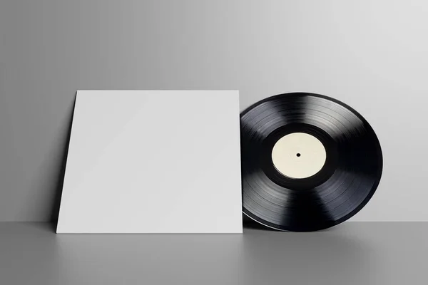 空白の白いビニールLpレコードと白い壁にカバー デザインプレゼンテーション用のモックアップテンプレート 3Dレンダリング図 — ストック写真