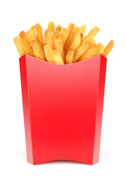 Beyaz arka planda izole edilmiş patates kızartması için tam kırmızı karton kutu. 3d resimleme ve resim.