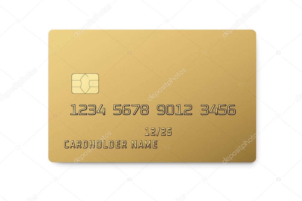 Golden plastic card with chip isolated on white background. Payment or credit card. 3D rendering template mockup.