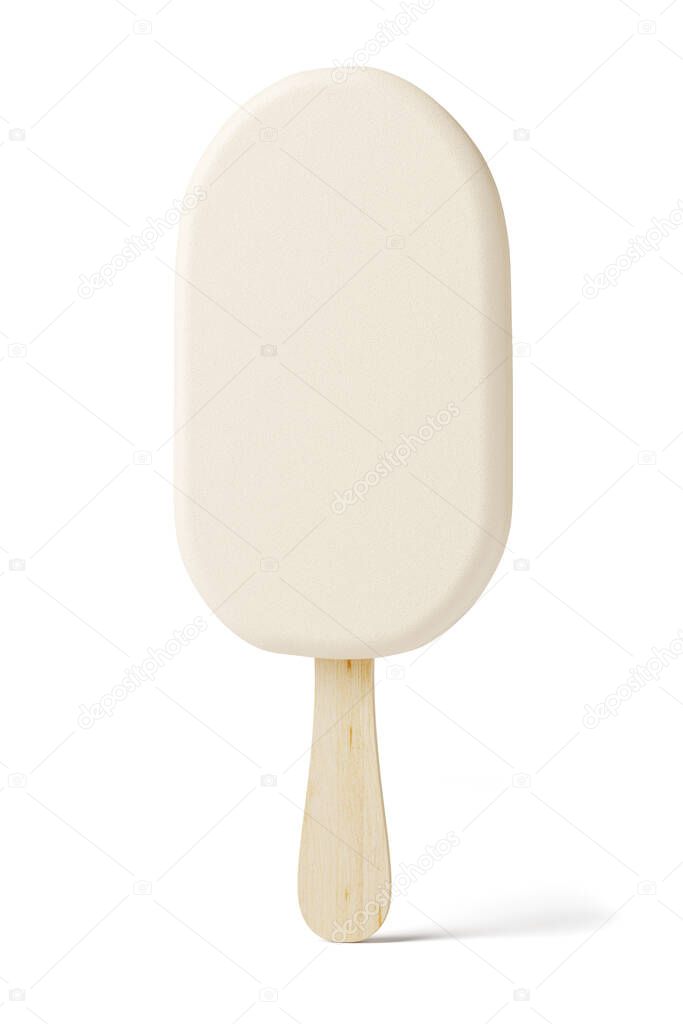 White sundae ice cream bar on wood stick isolated on white background. 3d rendering illustration.