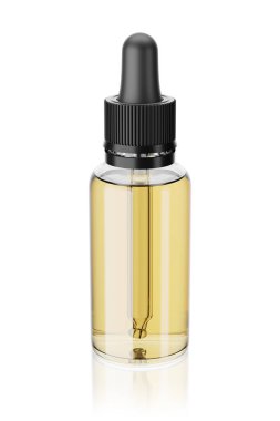 Transparent bottle with dropper isolated on white background. 3d rendering illustration.