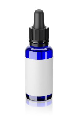 Blue bottle with dropper isolated on white background. 3d rendering illustration.