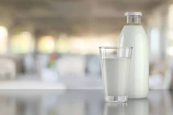 Een Fles Een Glas Melk Een Tafelblad Een Wazige Achtergrond — Stockfoto