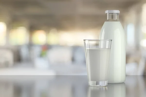 Eine Flasche Milch Und Ein Glas Milch Auf Einer Tischplatte — Stockfoto