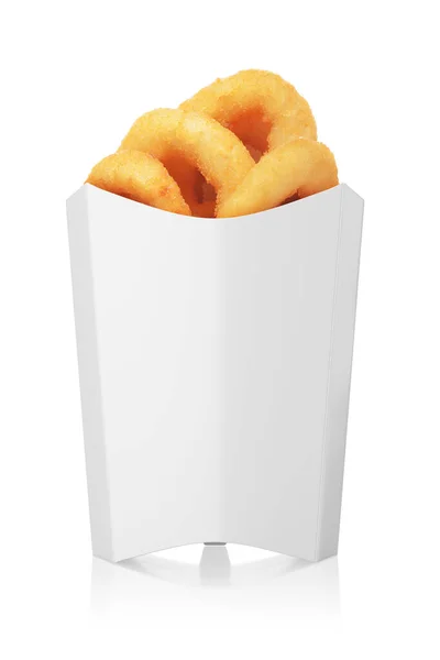 Onion Rings White Paper Take Out Box Isolated White Background — 图库照片