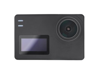 Beyaz arkaplanda dosyasız siyah küçük aksiyon kamerası.