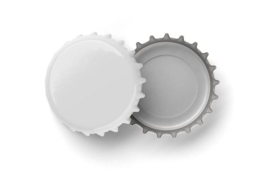 Beyaz bira kapakları beyaz arka planda izole edilmiş haldedir. Boş metal soda kapakları modeli. 3d resimleme.