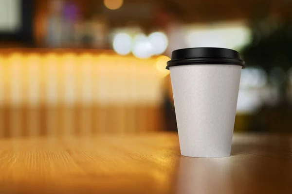 Blanco Llevar Taza Con Café Sobre Fondo Borroso Burlarse Renderizado —  Fotos de Stock