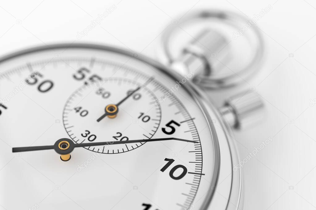 Classic metallic chrome mechanical analog stopwatch close up. 3d rendering illustration.