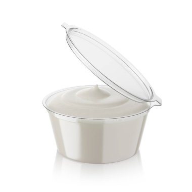 Açık mayonez soslu fast food sosu kabı beyaza izole edilmiş. 3B resimleme.