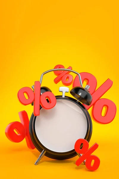 Alarm Clock Percent Sign Yellow Background Sale Time Concept Rendering — Stock Photo, Image