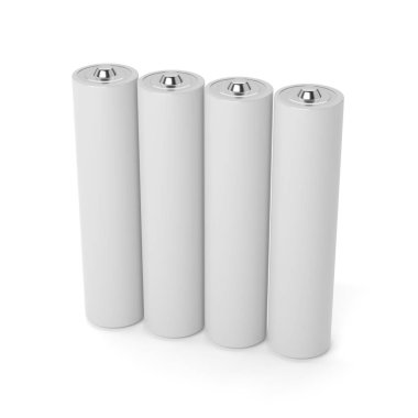 Beyaz arka planda dört beyaz AAA bataryası var. 3B resimleme.