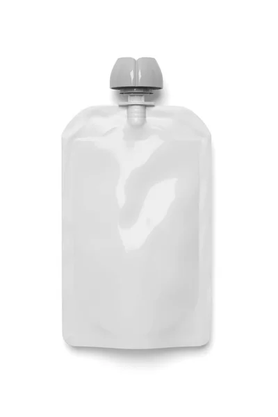 Weiße Leere Plastiktüte Für Babynahrung Fruchtpüree Joghurt Isoliert Auf Weißem — Stockfoto