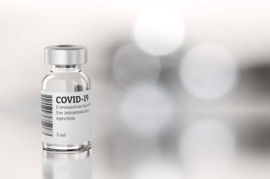 COVID-19 aşılı bir şişe. Metnin için alanı kopyala. 3B resimleme.