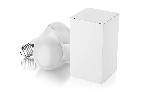 白色で隔離された白紙の箱を持つLed電球 テンプレートをモックアップします 3Dレンダリング図 — ストック写真
