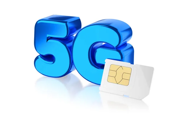 青の金属5G無線通信技術のロゴ シンボル アイコン 白に隔離されたSimカード 3Dレンダリング図 — ストック写真