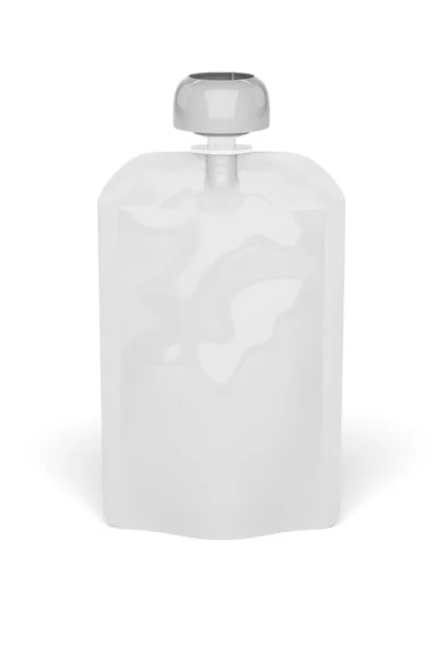 白色空塑料袋 用于婴儿食品 水果泥 白色背景分离 用于设计的模型化模板 3D渲染说明 — 图库照片