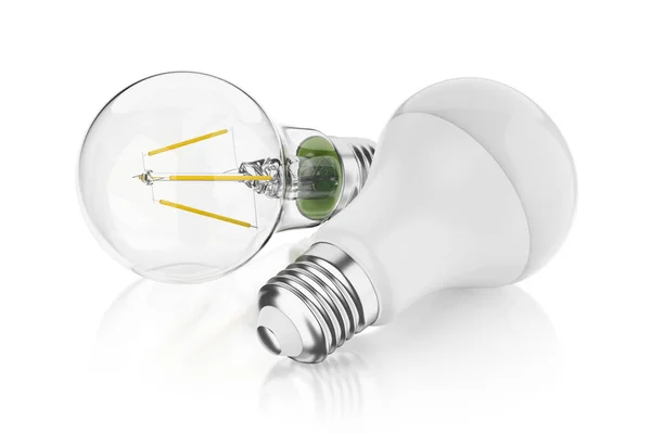 Two Led Light Bulbs E27 Base Isolated White Background Rendering — Stock Photo, Image