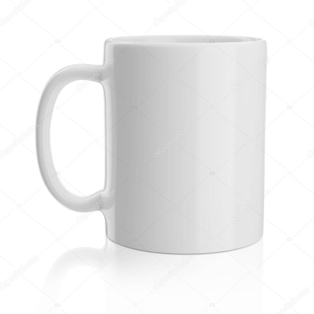 Blank white coffee or tea mug mock-up isolated on white background. 3D rendering illustration.