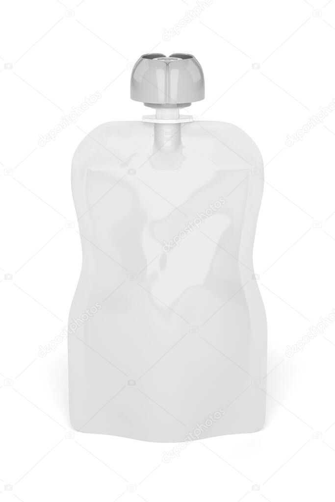 White empty plastic pouch for baby food, fruit puree, yogurt isolated on white background. Mock-up template for design. 3d rendering illustration.