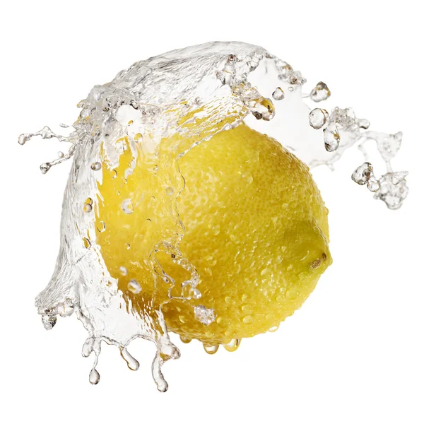 Yellow lemon in splash of water — Stock Photo, Image