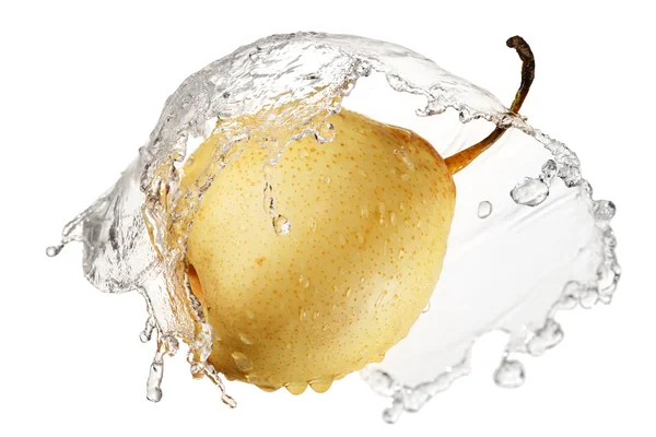 Yellow pear in splash of water — Stock Photo, Image